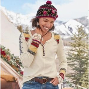 Sundance Catalog Kateri Embroidered White Henley Top Size S Southwest